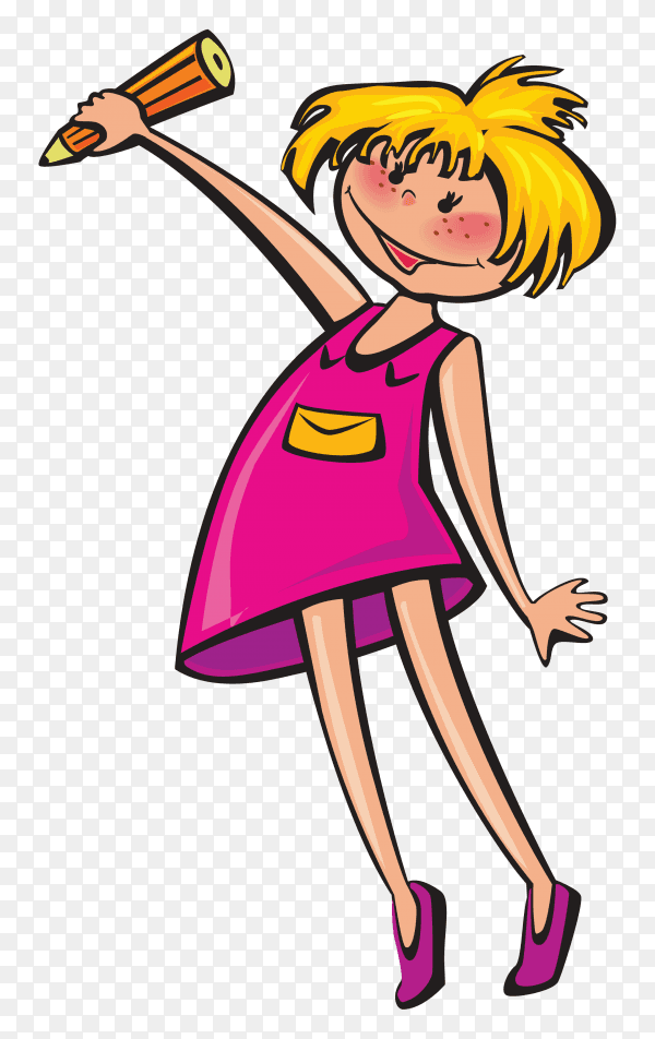 Happy cartoon girl holding pen premium vectorr PNG