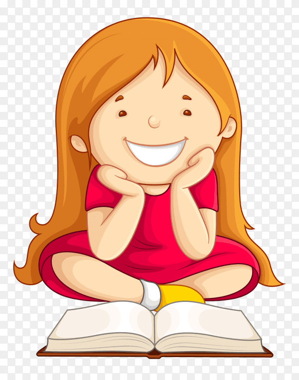 Happy cute girl reading book on transparent background PNG
