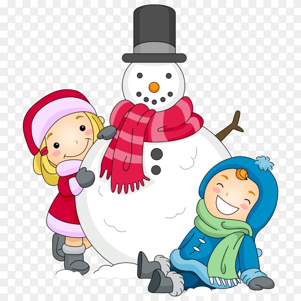 Illustration of a Boy and a Girl Posing Beside a Snowman on transparent background PNG