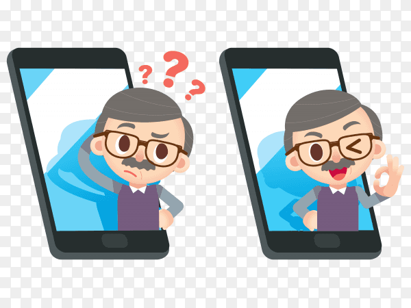 Illustration of elderly character with smartphone on transparent background PNG