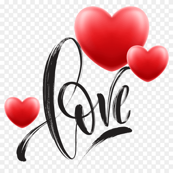 Love word hand drawn lettering with red heart on transparent background PNG