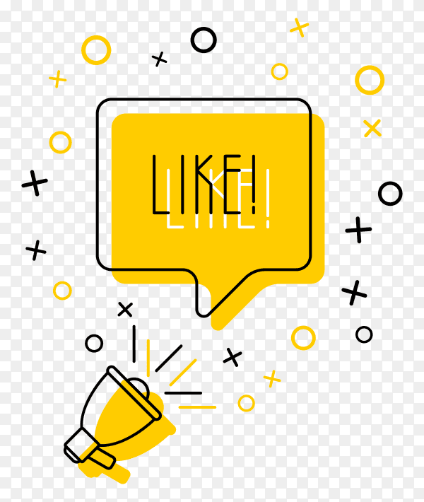 Megaphone and word 'like' in speech bubble on yellow on transparent background PNG