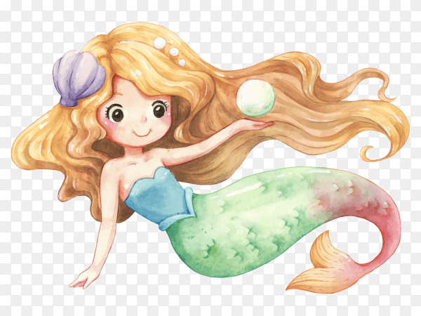 Mermaid character cartoon watercolor on transparent background PNG