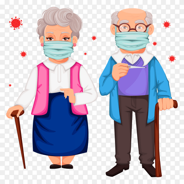 Old man and a woman wearing a medical mask on transparent PNG