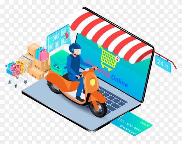 Online shopping concept with laptop on transparent background PNG