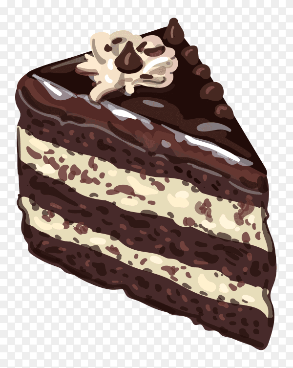 Piece of chocolate puff cake with icing on transparent background PNG