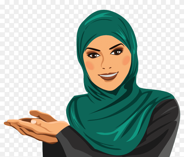 Portrait of muslim arabian woman wearing colorful hijab on transparent background PNG