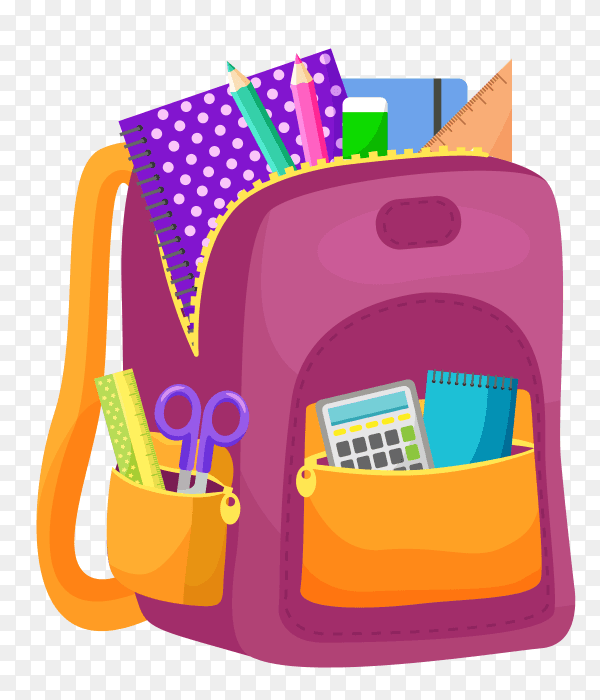 School backpack and school supplies on transparent background PNG
