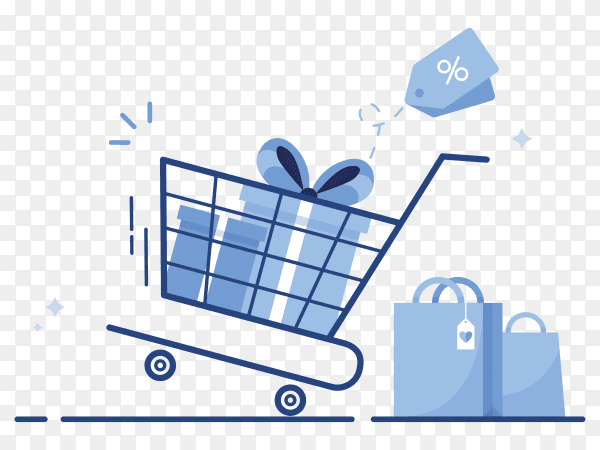 Shopping cart with gift boxes and shopping bags from online shop for e-commerce marketing on transparent PNG