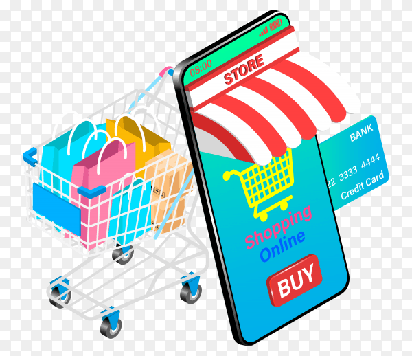 Shopping online on smartphone with credit card on transparent background PNG