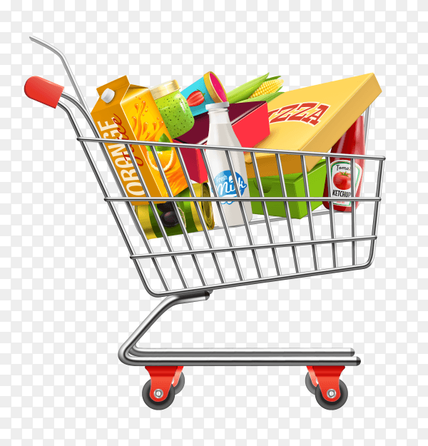 Shopping supermarket cart with grocery pictogram on transparent background PNG
