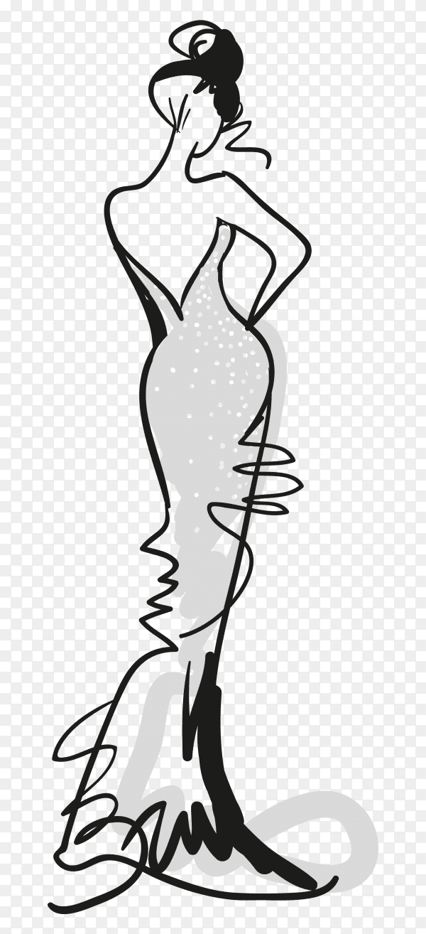 Sketched fashion girl with grey dress on transparent background PNG