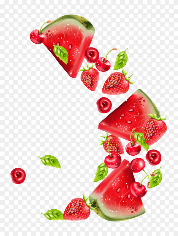 Summer berries fruits with watermelon on transparent background PNG