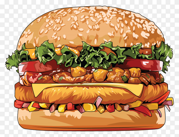 Tasty Hamburger with meat and cheese on transparent background PNG