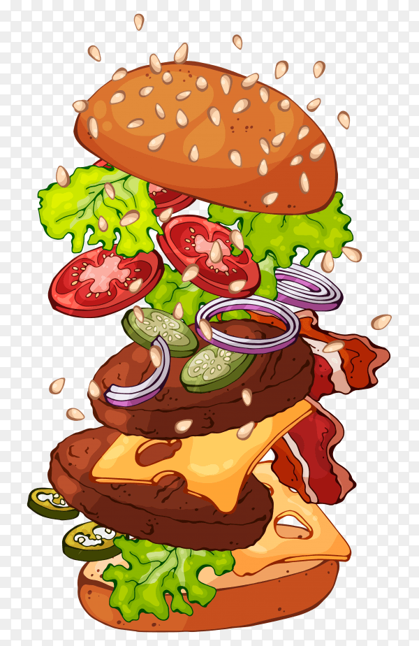 Tasty burger with variety of ingredients on transparent background PNG