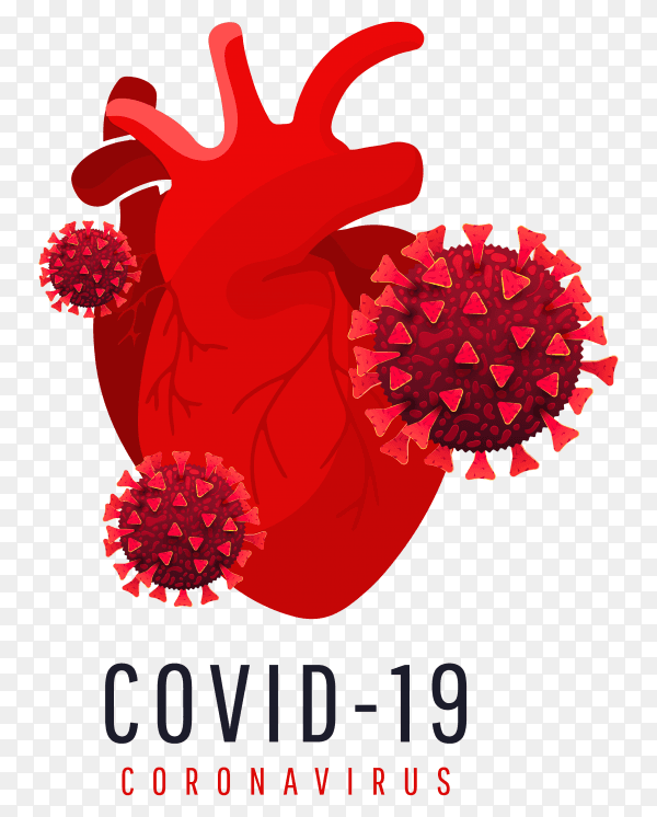The effect of coronavirus on the human heart. 3d Covid19 cells infect a human heart isolated Clipart PNG