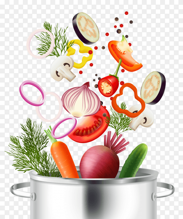 Vegetables and pot realistic concept with ingredients and cooking symbols on transparent background PNG