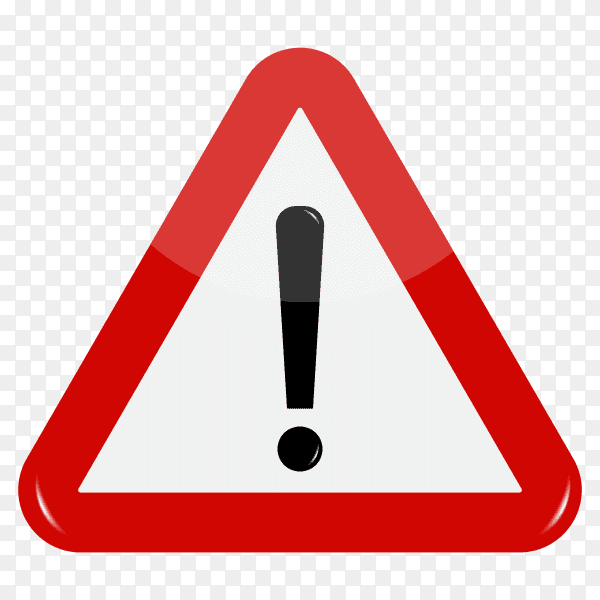 Warning Road sign in triangular shape with exclamation mark in road on transparent background PNG