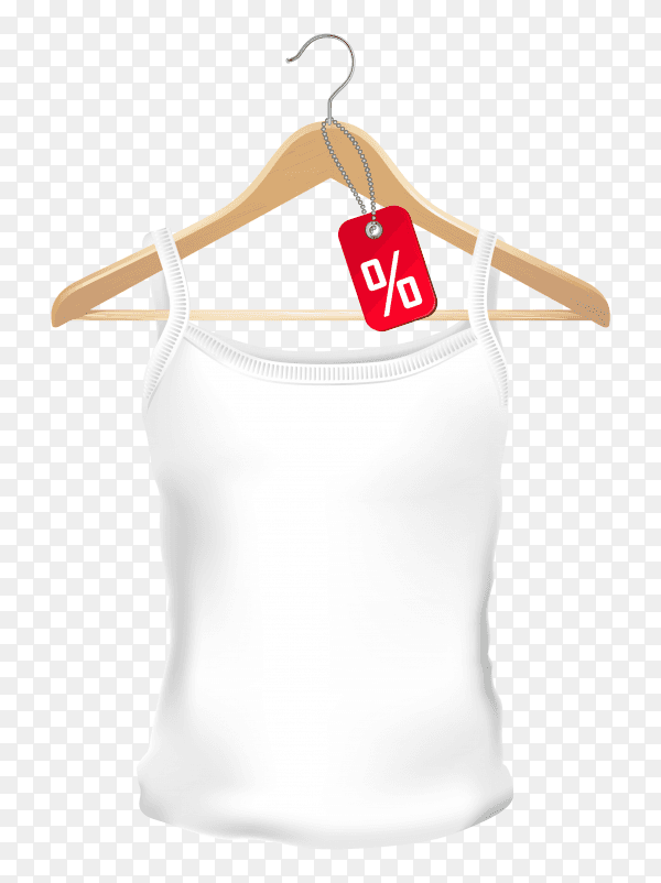 White t-shirt with clothing tag on wooden hanger on transparent background PNG