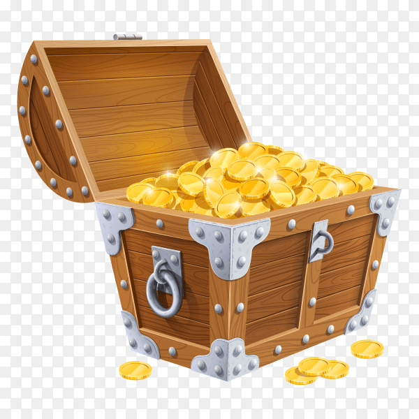 Wooden isometric chest with treasures on transparent background PNG