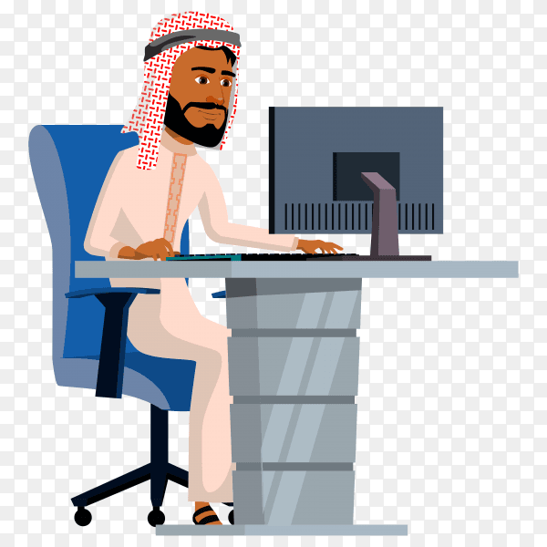 Arab businessman using computer in modern office on transparent background PNG