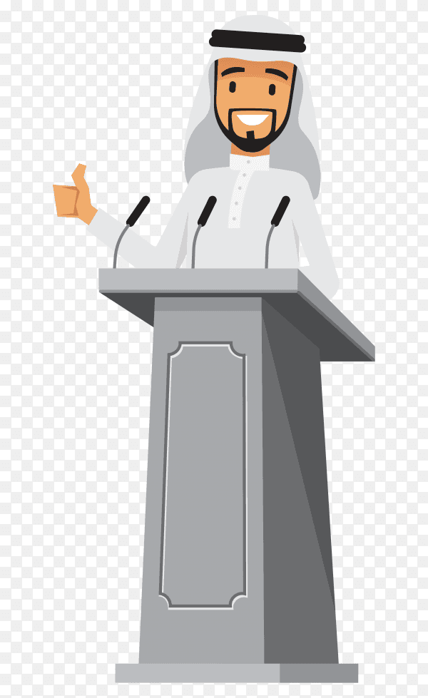 Arabic businessman standing at tribune with microphones making a speech on transparent background PNG