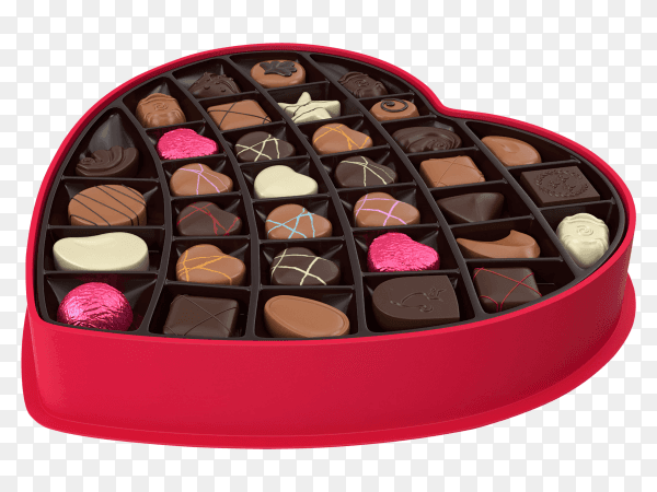 Assortment of luxury chocolate candies variety in red plastic tray on transparent background PNG