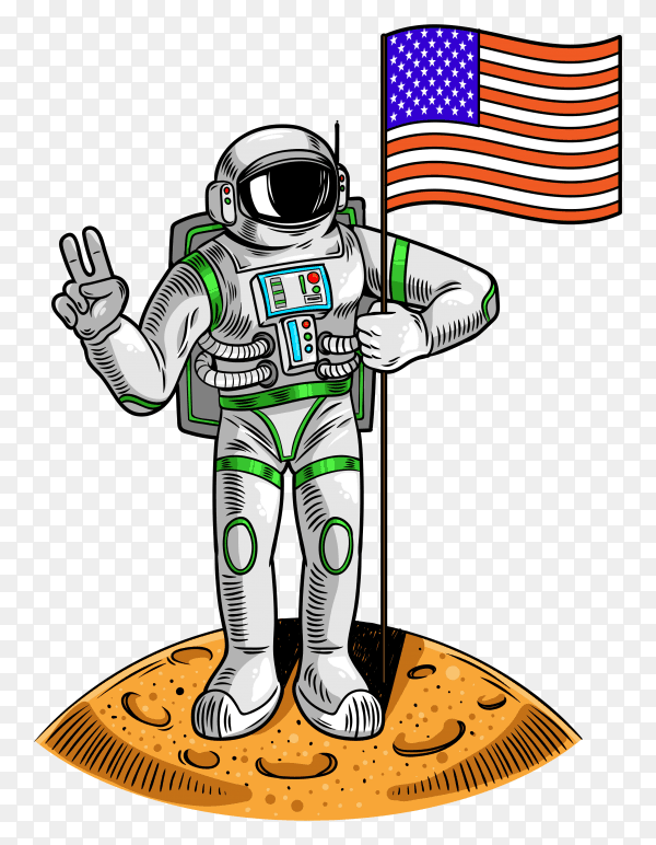 Astronaut on moon hold American USA flag on transparent background PNG