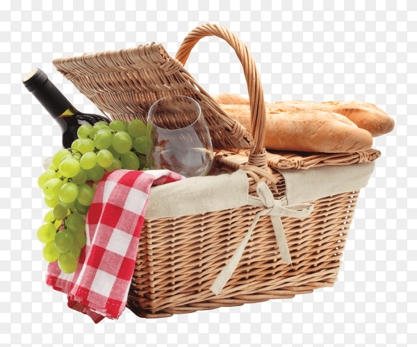 Basket filled fruits and bread on transparent background PNG