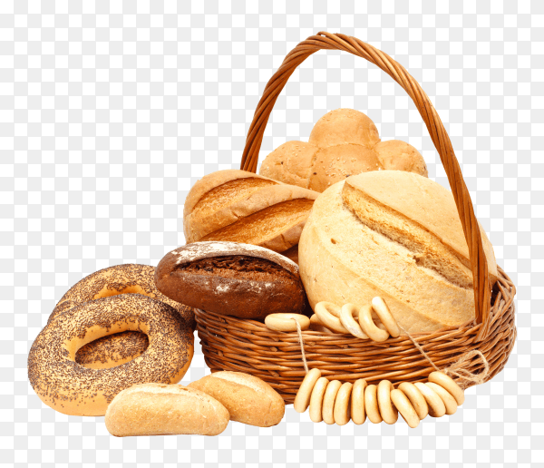 Basket with various white and whole-grain bread on transparent background PNG