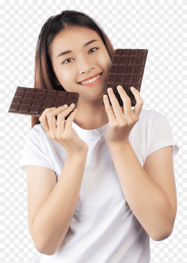 Beautiful girl with bar of chocolate on transparent background PNG