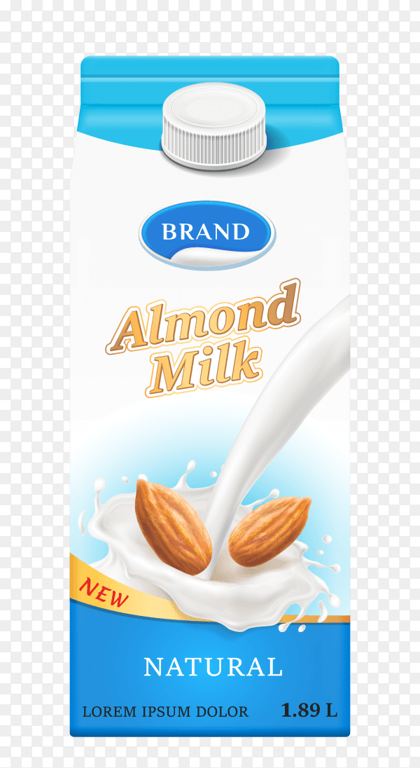 Carton box with almond milk on transparent background PNG