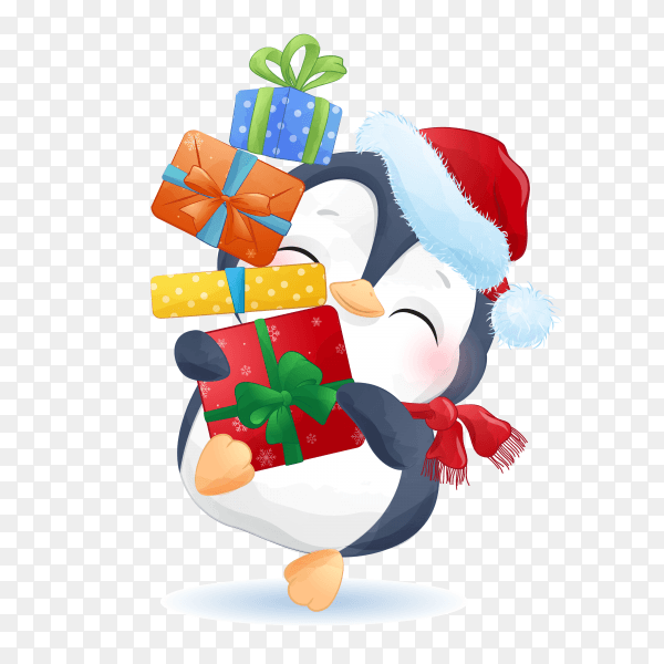 Cartoon penguin with Christmas gifts on transparent background PNG