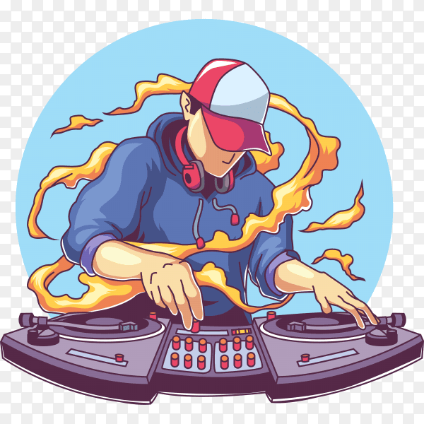 Cool disc jockey with headphone mixing music on transparent background PNG