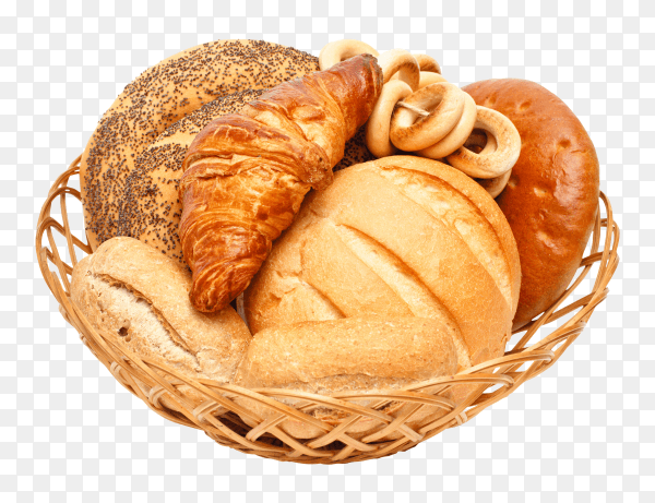 Delicious white and whole-grain bread in basket on transparent background PNG
