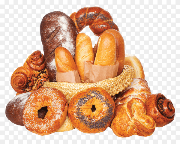 Different kinds of fresh bread in basket on transparent background PNG