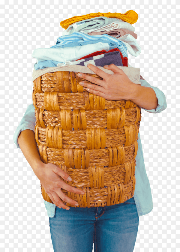 Housewife bringing a huge pile of laundry in basket on transparent background PNG