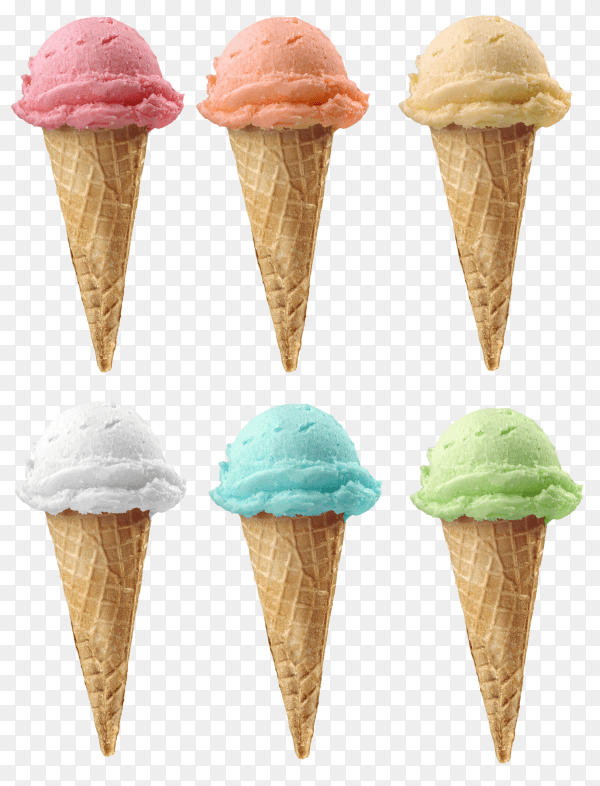 Ice cream cones of 6 different flavors on transparent background PNG