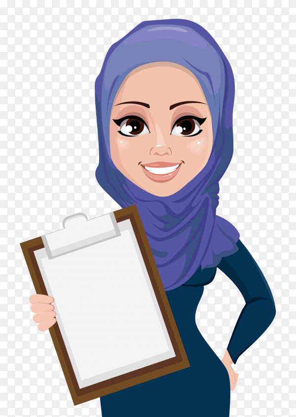 Muslim business woman character holding clipboard on transparent background PNG