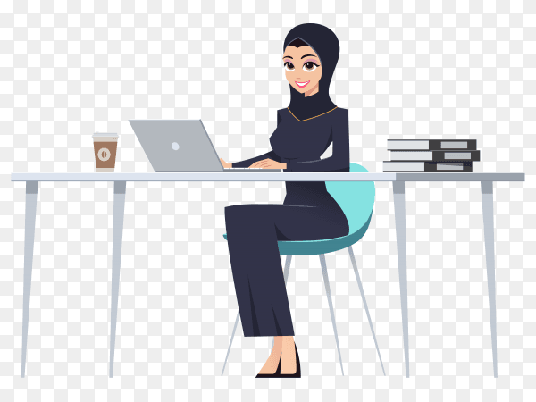 Muslim businesswoman sitting at table and using laptop computer Woman in long black dress and hijab on transparent background PNG