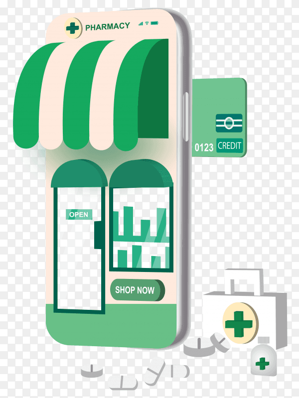 Online pharmacy shopping with smartphone concept on transparent background PNG