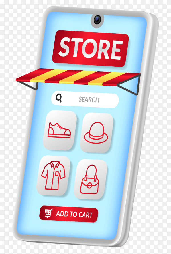 Online shopping app on the 3d smartphone perspective with red outline fashion icon on transparent background PNG