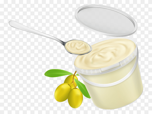 Plastic pail filled with mayonnaise and twig with olives on transparent background PNG