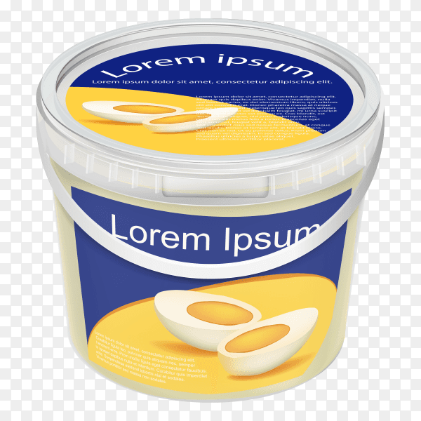 Realistic illustration of plastic buckets with mayonnaise product on transparent background PNG