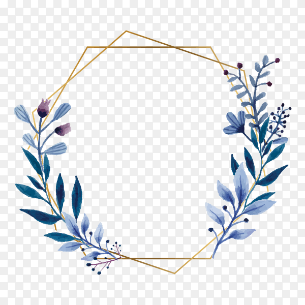 Watercolor floral frame with gold frame on transparent background PNG