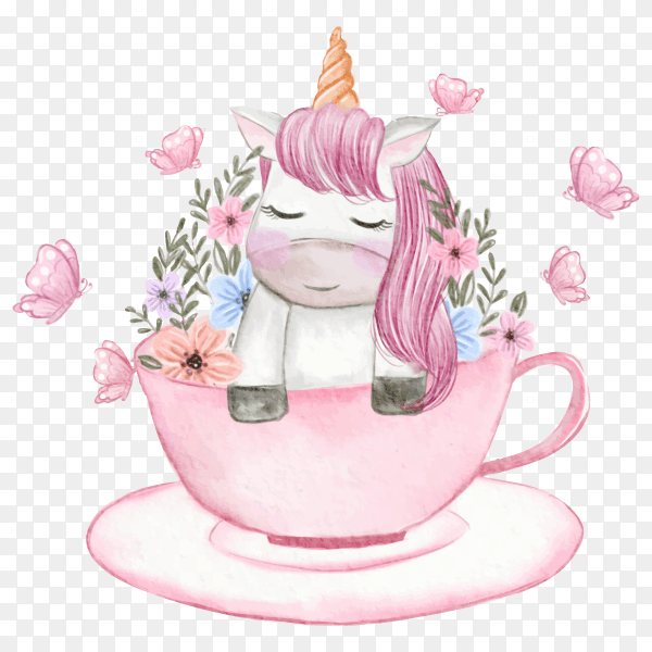 Baby unicorn in cup with flowers on transparent background PNG