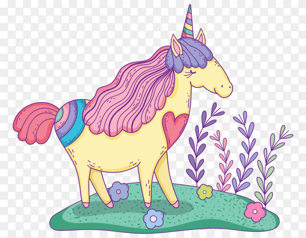 Beautiful little unicorn in the landscape on transparent background PNG