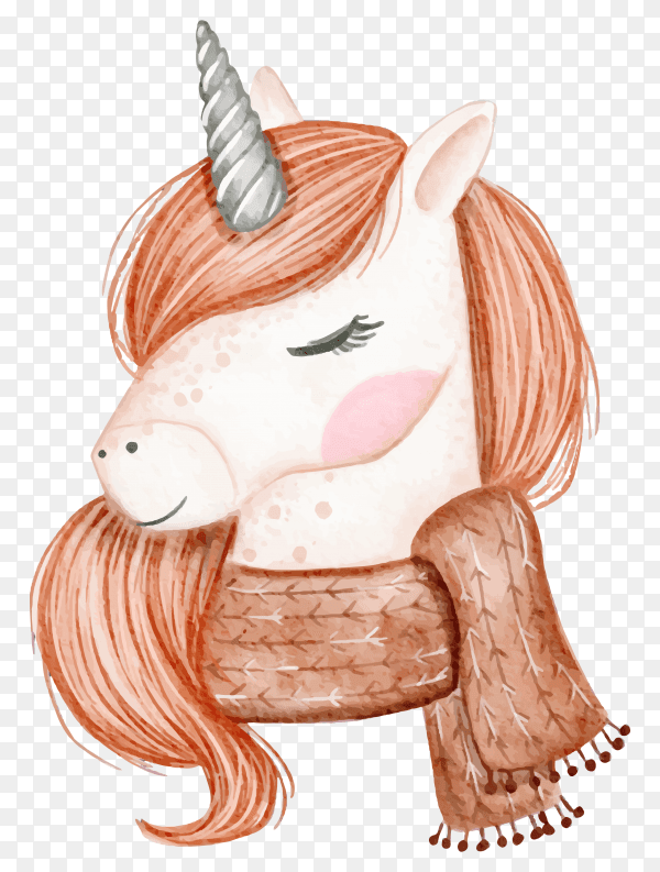 Beautiful unicorn with scarf watercolor illustration on transparent background PNG