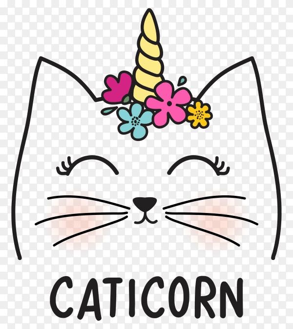 Cute cat with horn and flowers on transparent background PNG