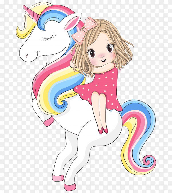 Cute girl sitting on the unicorn on transparent background PNG